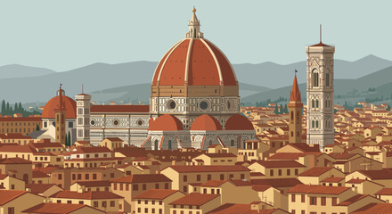 Fototapeta premium Captivating sunset over florence skyline aerial view of architectural heritage and urban landscape cultural gem of italy. Vector illustration