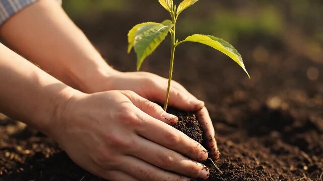 Two hands plant a seedling burying the roots in soil under the sun