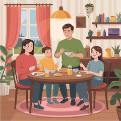 A happy family is eating together at a round table in a cozy dining room with natural light coming in