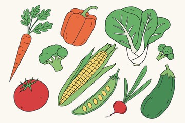 Collection of fresh vegetables in a simple hand drawn style