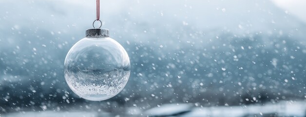 A clear glass Christmas ornament hangs amidst falling snow