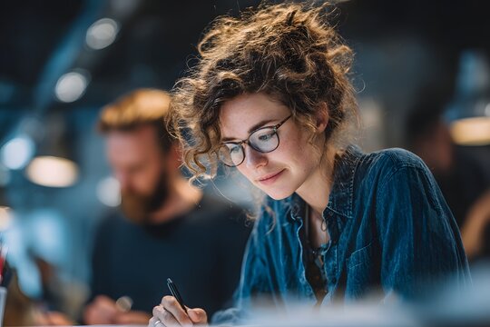 Enthusiastic contributor collaborating in a sleek, well-lit, innovative modern office.