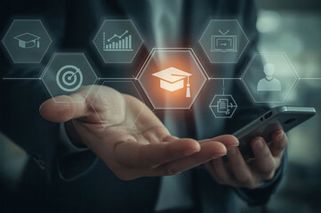 A businessman's finger is pressing a digital social network icon on a transparent touchscreen, symbolizing global communication and connection