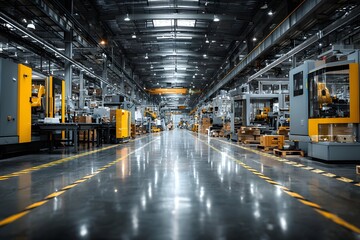 Inside the factory, modern machines and conveyors highlight tech-savvy, efficient production.