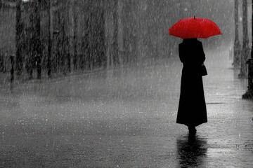 A woman in a dark coat walks a rainy street under a red umbrella