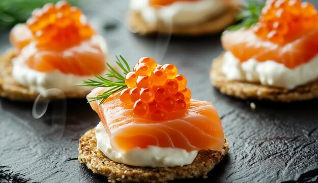 Delicious canapes with salmon and caviar on black textured table