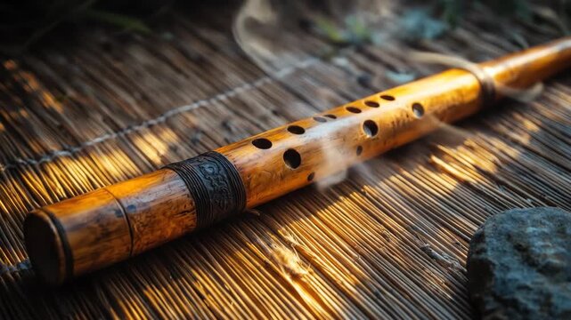 Wooden flute on woven mat, smoke rising