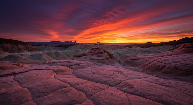 Fiery Sunset Over Textured Red Rocks and Surreal Desert Badlands