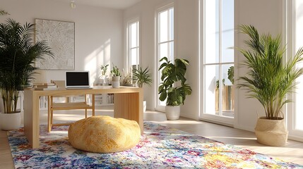Bright Modern Home Office with Potted Plants and Natural Light