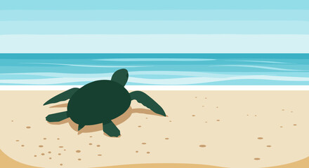 Turtle crawling on beach coastal shoreline illustration tranquil environment side view nature conservation concept. Vector illustration