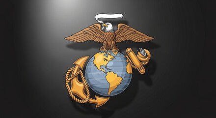 Detailed Eagle Perched on Globe with Anchor on Black Background