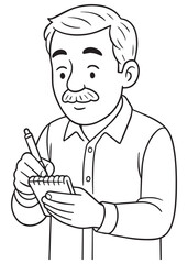 Coloring book page of dad writing a grocery list for kitchen prep, cute line art style for kids.