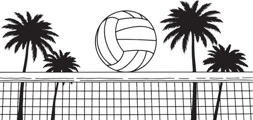 Volleyball by the beach with palm trees and net illustration © Nur