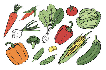 Collection of colorful hand drawn vegetables on a white background