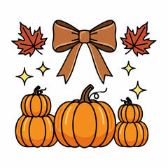 Festive autumn clipart set with cartoon pumpkins, a decorative bow, and fall maple leaves. Vector illustration for seasonal decoration.