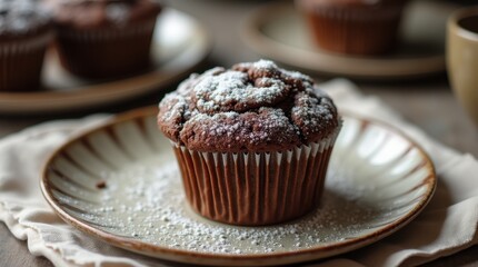 Chocolate muffin with powdered sugar on vintage ceramic plate over linen cloth