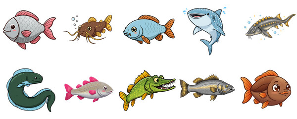Colorful set of cartoon fish including shark, goldfish, eel and pike