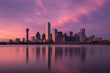 Obraz premium City skyline at vibrant sunrise/sunset, mirrored in calm water