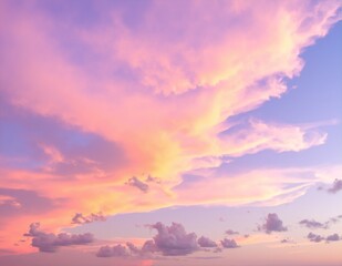 A serene pink sky at dusk, adorned with fluffy white clouds, casting a soft glow over the horizon, creating a tranquil and dreamy atmosphere.
