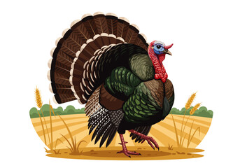 Majestic Wild Turkey with Fantail Feathers in Autumnal Field.