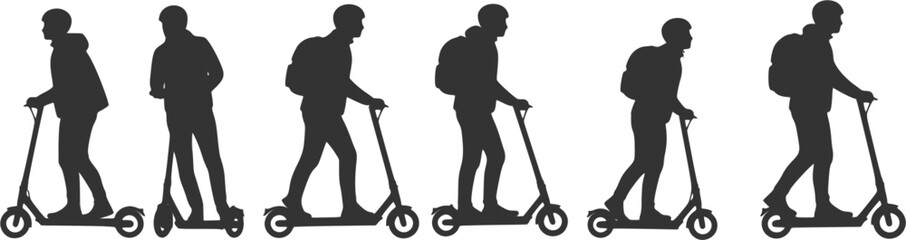 Silhouettes, people riding electric scooters, sequence of five figures, black and white illustration, minimalist design, urban transportation, side view profiles, motion progression, scooter riders 