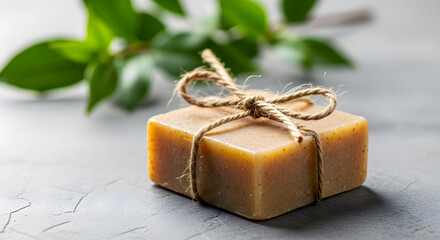 Square bar of soap tied with twine on textured surface with green leaves