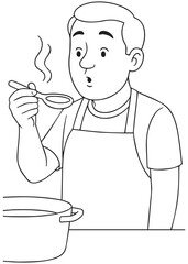 Coloring book page of dad tasting soup while cooking