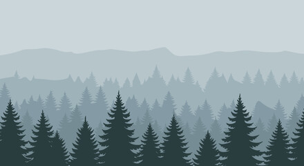 Fototapeta premium Tranquil landscape of dense pine forests mountain range digital art calm environment overcast view nature's serenity. Vector illustration