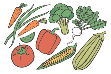 Collection of fresh vegetables in a doodle art style