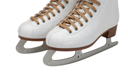 Closeup of classic white figure skates with brown laces and metal blades isolatedon the transparent background