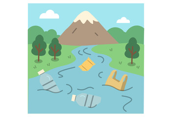 Plastic waste pollution in river flowing from mountain with floating bottles, plastic bag, and snack wrapper, environmental awareness illustration for water conservation and sustainability projects