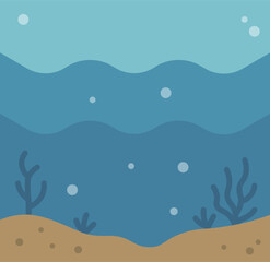 Calm underwater seabed scene with sand, seaweed, and bubbles, simple ocean background illustration for marine themed design and aquatic environment projects
