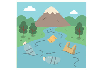 Plastic waste pollution in river flowing from mountain with floating bottles, plastic bag, and snack wrapper, environmental awareness illustration for water conservation and sustainability projects