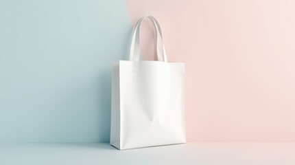 Minimalist white tote bag mockup pastel gradient background soft shadows