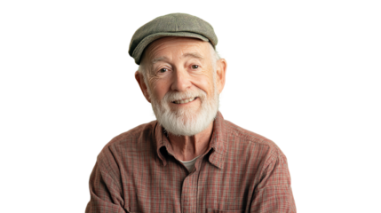 A smiling elderly man with a beard, wearing a cap. The image captures warmth and friendliness, ideal for various themes.