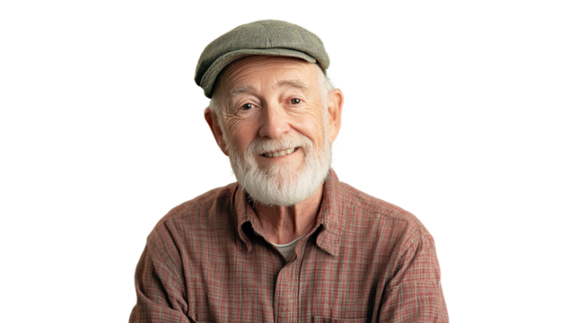 A smiling elderly man with a beard, wearing a cap. The image captures warmth and friendliness, ideal for various themes.