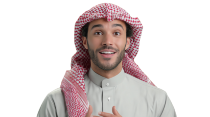 A cheerful young man in traditional attire expressing happiness and warmth, showcasing cultural heritage with a joyful smile.