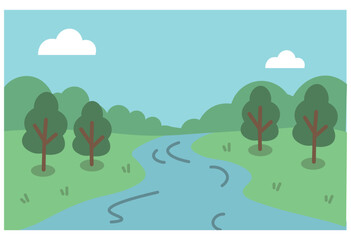Fototapeta premium Calm river flowing through forest with blue sky, simple nature landscape background illustration for environmental and outdoor themed design projects