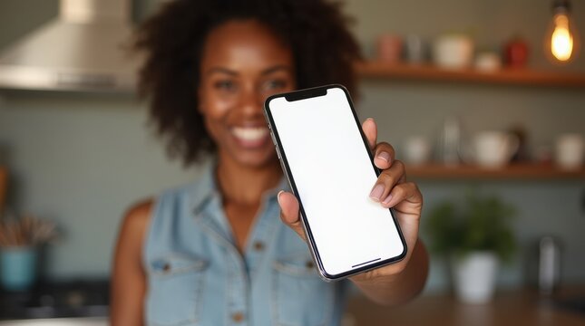 Smiling woman holding smartphone showing nutrition app interface in cozy kitchen - Powered by Adobe