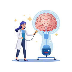 Innovative female doctor inserting glowing USB into human brain model symbolizing advanced medical technology and digital healthcare innovation