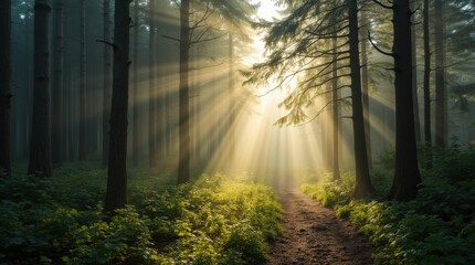 Obraz premium Winding forest trail sunbeams morning mist towering trees