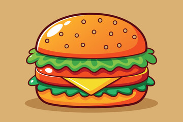 Cartoon burger with lettuce, tomato, cheese, and sesame seed bun