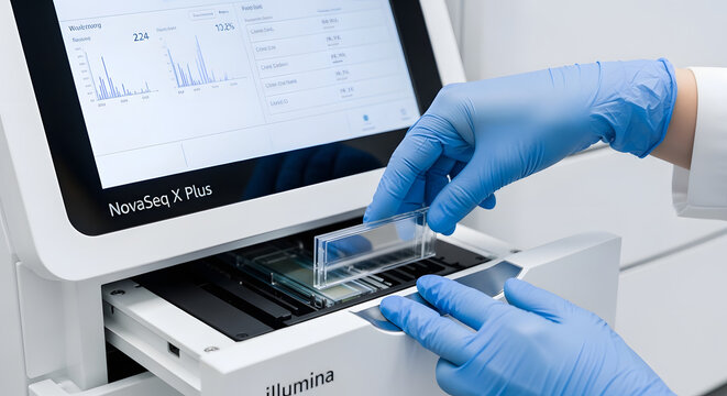Close-up of Scientists Hands Inserting a Slide into a NovaSeq X Plus DNA Sequencer, Biomedical Technician Handling Glass Slide While Operating Illumina Sequencing Machine - Powered by Adobe
