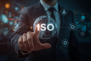 A businessman's finger touches a digital screen, pressing a social network icon to connect with people on the web