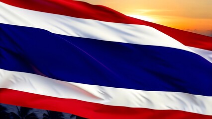 Naklejka premium Waving thailand flag with sunset background in a patriotic representation