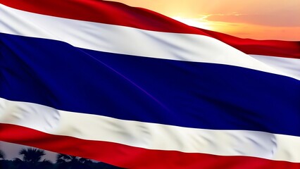 Naklejka premium A waving thailand flag against a sunset sky with silhouetted trees below