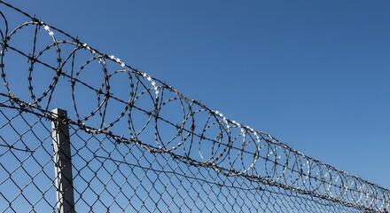 Fototapeta premium Imposing Razor Wire Coils on a Security Fence Against a Clear Blue Sky