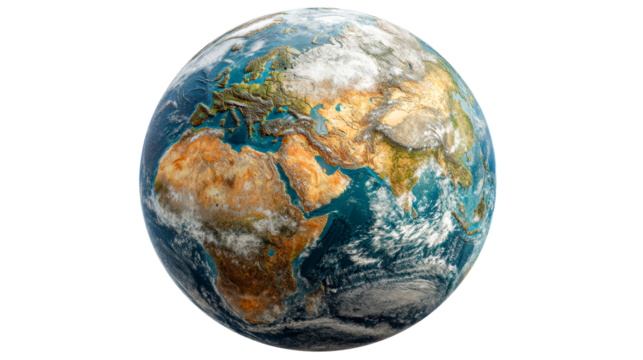 Detailed globe showing continents with textured terrain and clouds