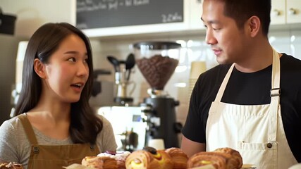 Dynamic Bakery Scene Two Smiling Colleagues Chatting Over Fresh Pastries In a Bright and Airy Cafe with Warm Lighting and a Diverse Selection of Baked Goods Emphasizing Teamwork and Culinary