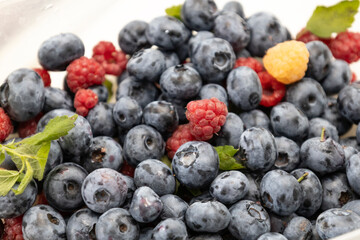Blueberry and raspberry is tasty, healthy and delicious fruits. Background from fresh blueberries with red and yellow raspberries